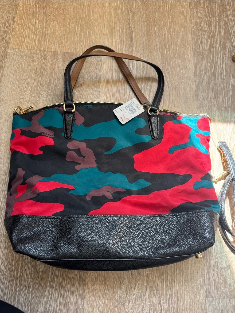 Coach Red Teal Black Camouflage Tote Bag